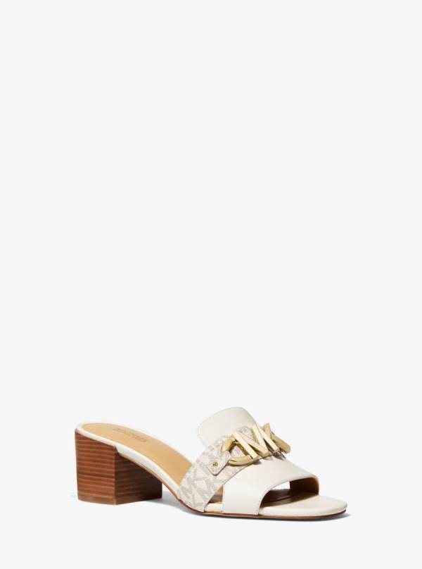Damske Mules Michael Kors Izzy Logo Embellished Leather Biele Hnedožltý - Topanky Michael Kors Nejlevnejsi | PVDGL-2875